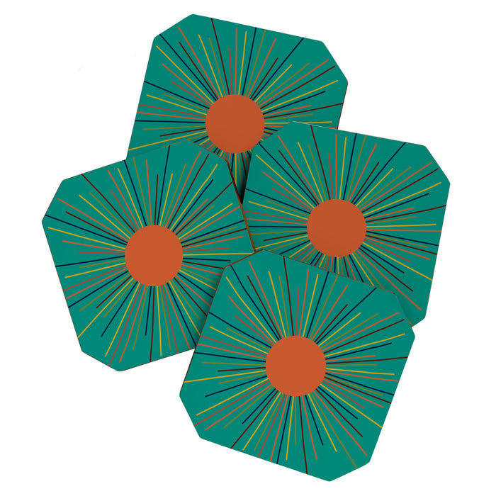 Mid-Century Modern Sunburst - Minimalist Abstract Sun in Mid Mod Orange, Olive, Mustard, and Teal Turquoise Coaster Gallery Image 1