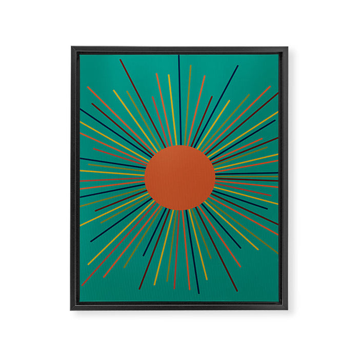 Mid-Century Modern Sunburst - Minimalist Abstract Sun in Mid Mod Orange, Olive, Mustard, and Teal Turquoise Framed Canvas Print Gallery Image 1