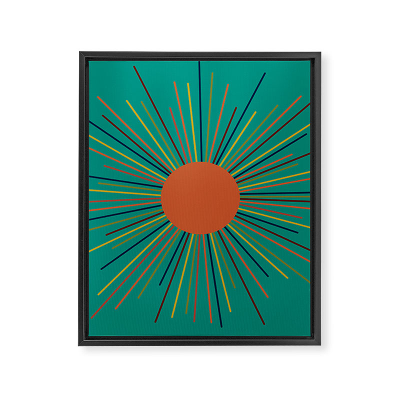 Mid-Century Modern Sunburst - Minimalist Abstract Sun in Mid Mod Orange, Olive, Mustard, and Teal Turquoise Framed Canvas Print Gallery Image 8