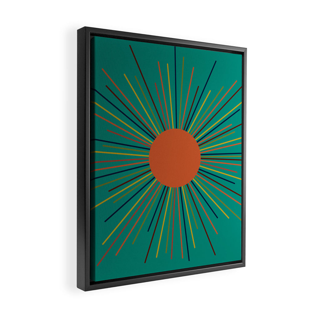 Mid-Century Modern Sunburst - Minimalist Abstract Sun in Mid Mod Orange, Olive, Mustard, and Teal Turquoise Framed Canvas Print Gallery Image 2