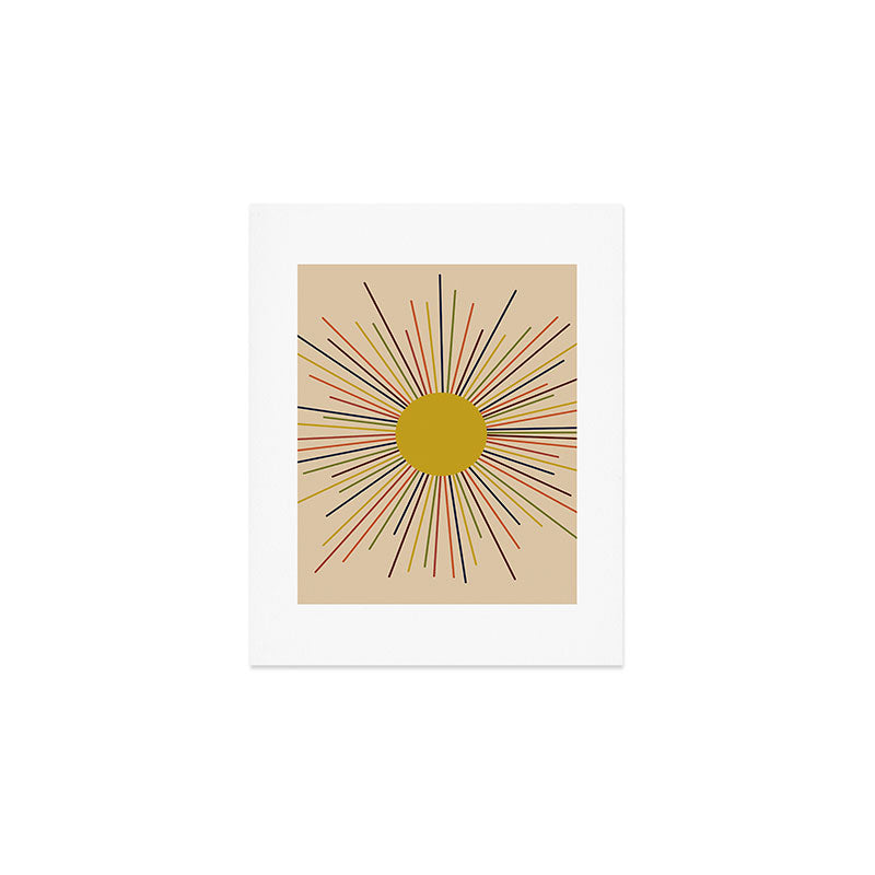Mid-Century Modern Sunburst - Minimalist Abstract Sun in Mid Mod Mustard, Orange, Olive, Blue, and Beige Art Print Gallery Image 1