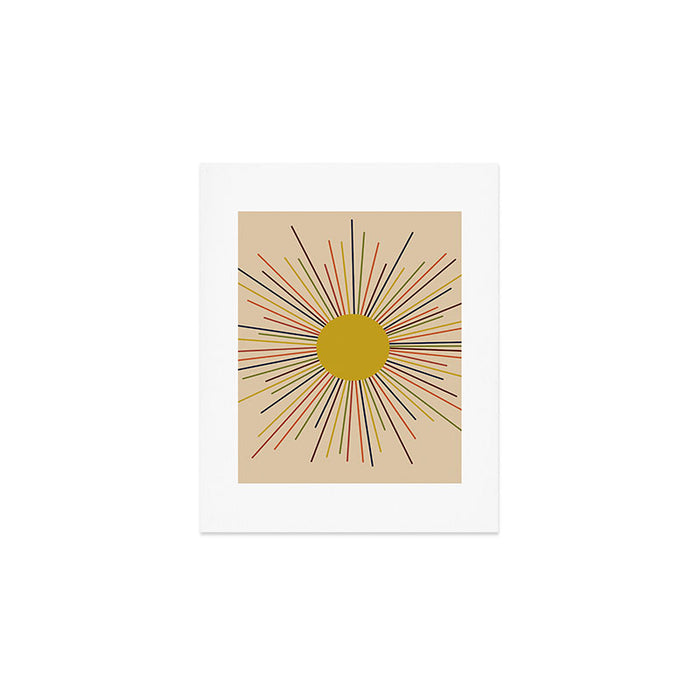 Mid-Century Modern Sunburst - Minimalist Abstract Sun in Mid Mod Mustard, Orange, Olive, Blue, and Beige Art Print Gallery Image 1