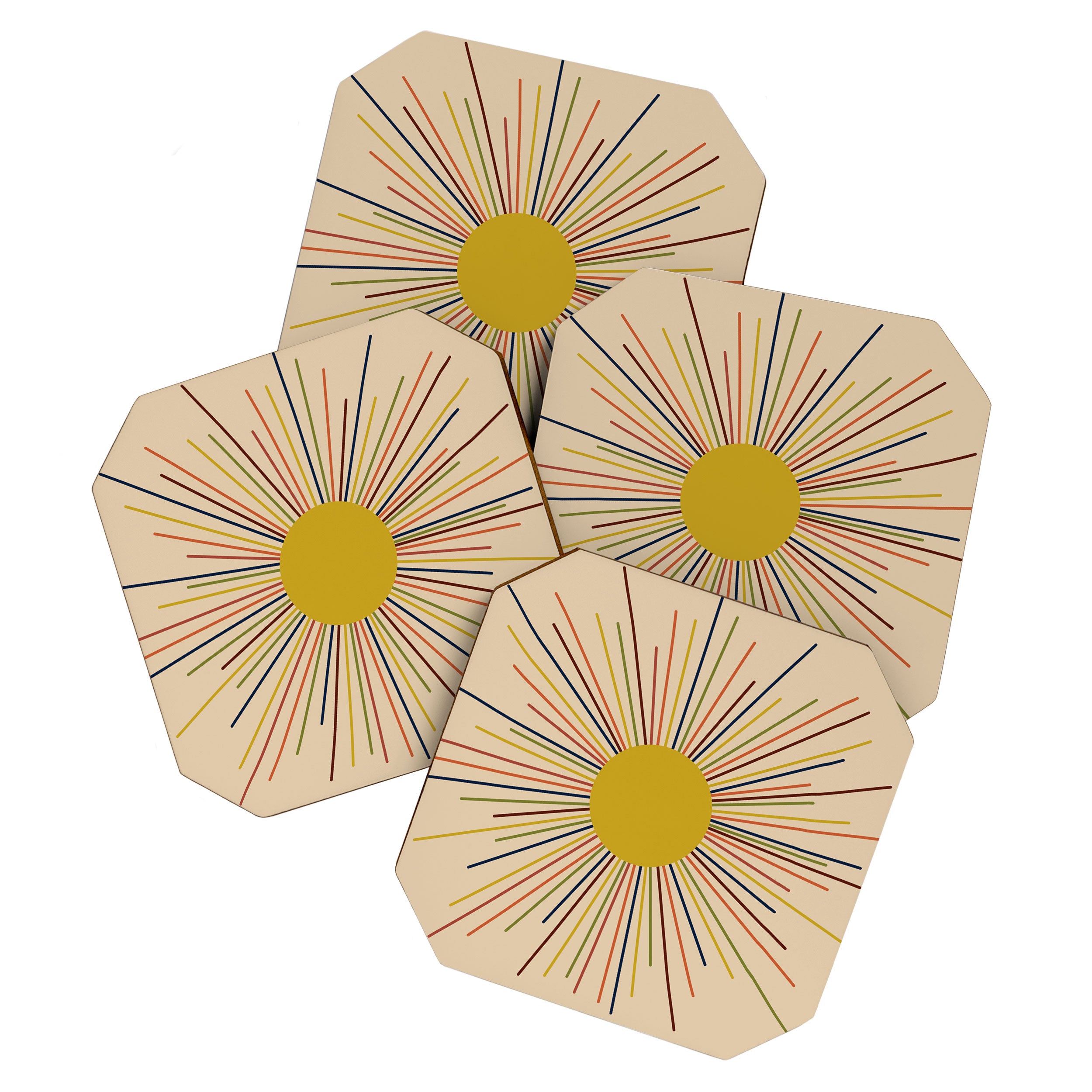 Mid-Century Modern Sunburst - Minimalist Abstract Sun in Mid Mod Mustard, Orange, Olive, Blue, and Beige Coaster Gallery Image 1
