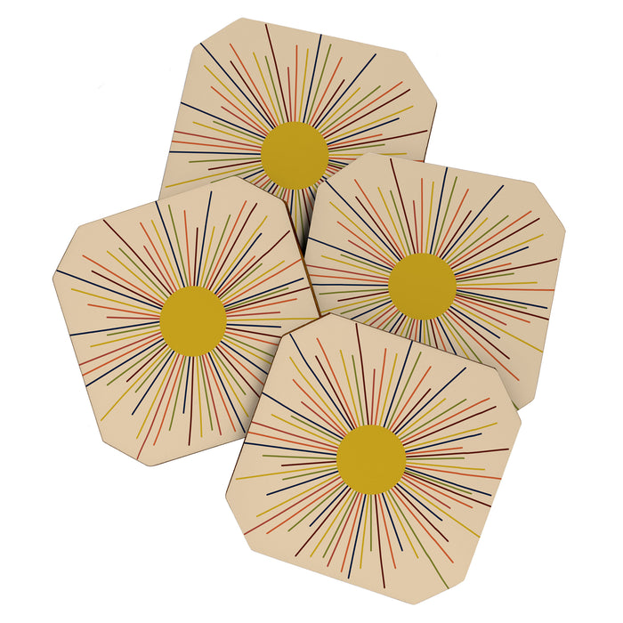 Mid-Century Modern Sunburst - Minimalist Abstract Sun in Mid Mod Mustard, Orange, Olive, Blue, and Beige Coaster Gallery Image 1