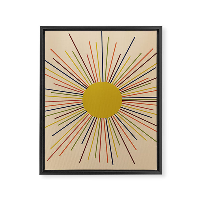 Mid-Century Modern Sunburst - Minimalist Abstract Sun in Mid Mod Mustard, Orange, Olive, Blue, and Beige Framed Canvas Print Gallery Image 1