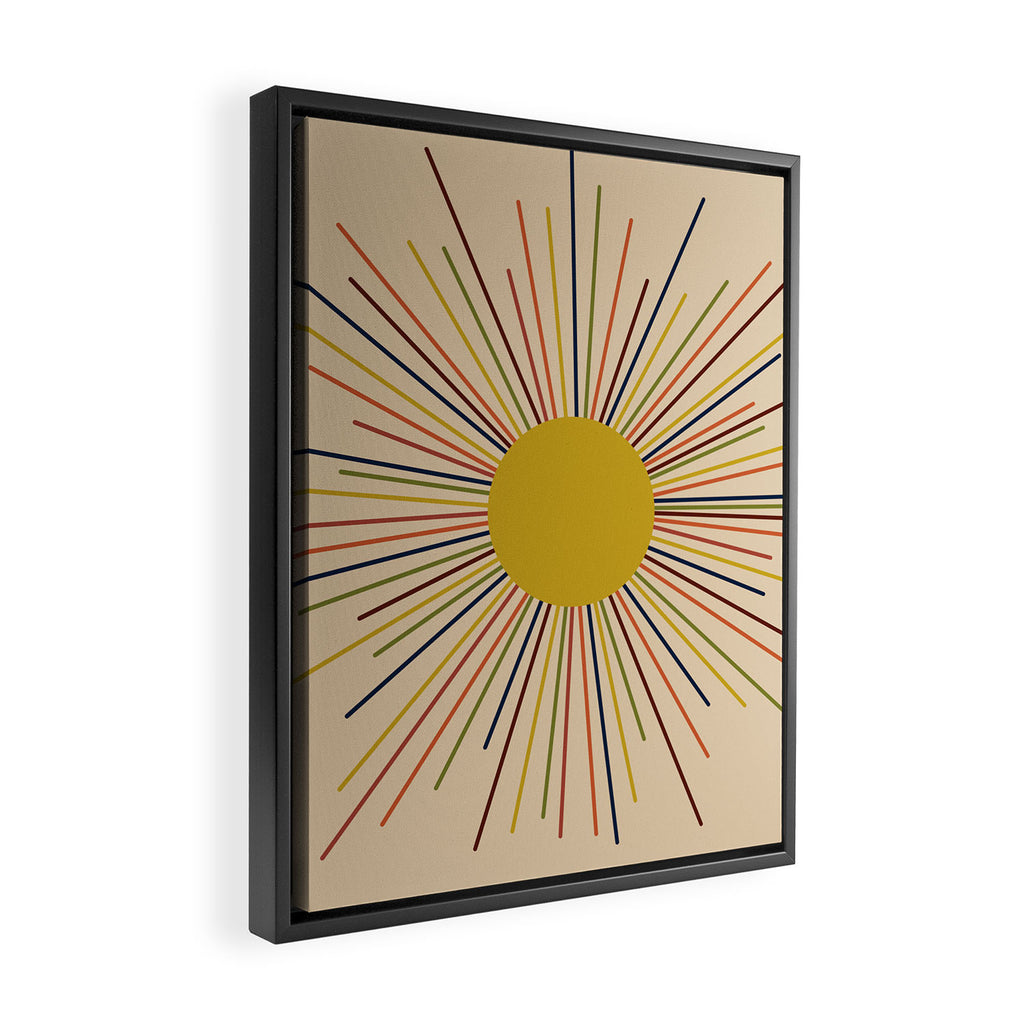 Mid-Century Modern Sunburst - Minimalist Abstract Sun in Mid Mod Mustard, Orange, Olive, Blue, and Beige Framed Canvas Print Gallery Image 2