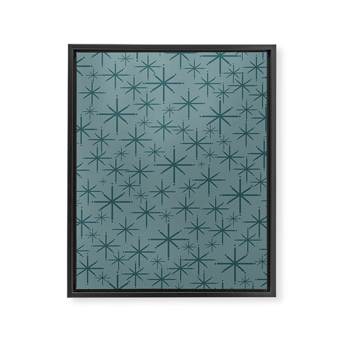 Midcentury Modern Twinkly Retro Starburst Pattern in Light Steel Blue Framed Canvas Print Gallery Image 1