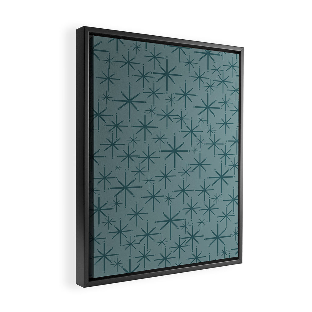 Midcentury Modern Twinkly Retro Starburst Pattern in Light Steel Blue Framed Canvas Print Gallery Image 2
