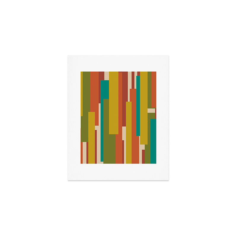 Midcentury Modern Vertical Geometric Pattern in Mid Mod Mustard, Orange, Olive, Teal, and Beige Art Print Gallery Image 1