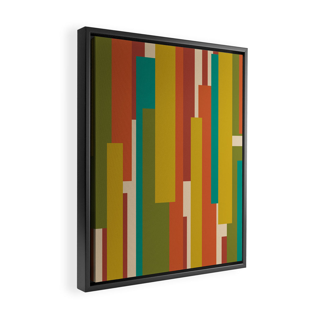 Midcentury Modern Vertical Geometric Pattern in Mid Mod Mustard, Orange, Olive, Teal, and Beige Framed Canvas Print Gallery Image 2
