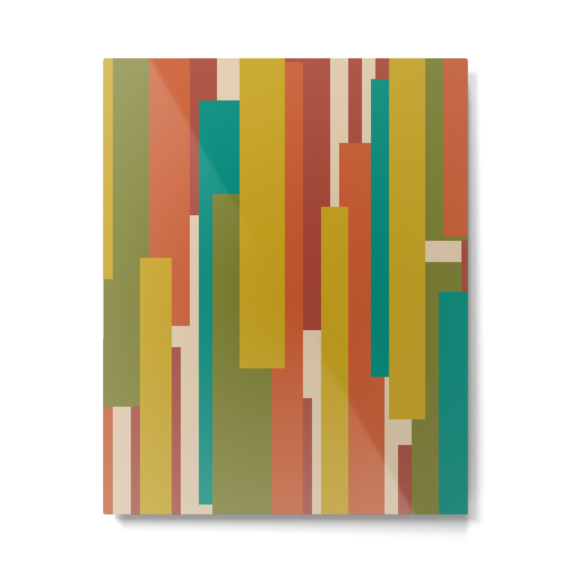 Midcentury Modern Vertical Geometric Pattern in Mid Mod Mustard, Orange, Olive, Teal, and Beige Metal Print Gallery Image 6
