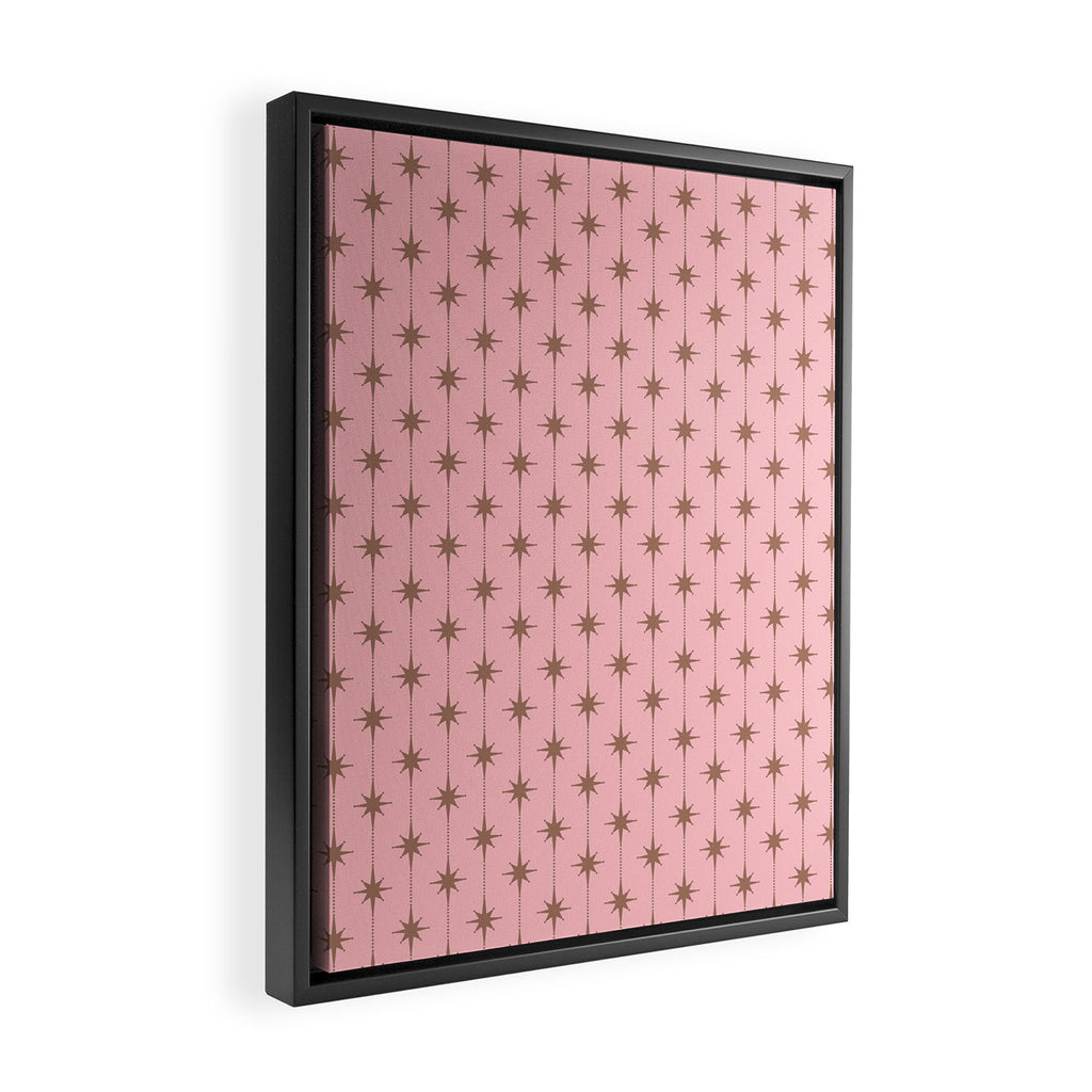 Midcentury Stars and Dots Atomic Pattern in Pink and Mocha Brown Framed Canvas Print Gallery Image 2