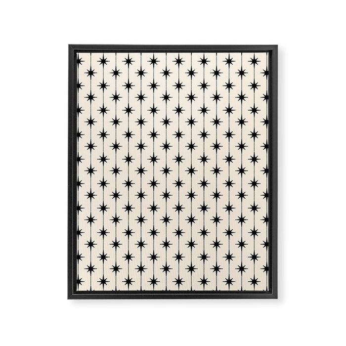 Midcentury Stars and Dots Classic Pattern in Black and Almond Cream Framed Canvas Print Gallery Image 1