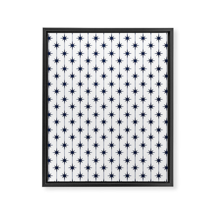Midcentury Stars and Dots Nautical Navy Blue and White Pattern Framed Canvas Print Gallery Image 1