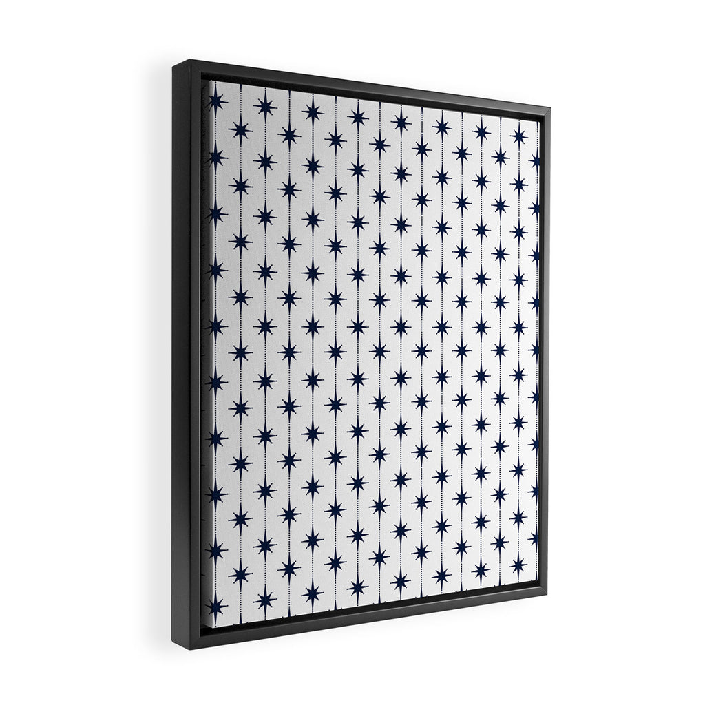 Midcentury Stars and Dots Nautical Navy Blue and White Pattern Framed Canvas Print Gallery Image 2