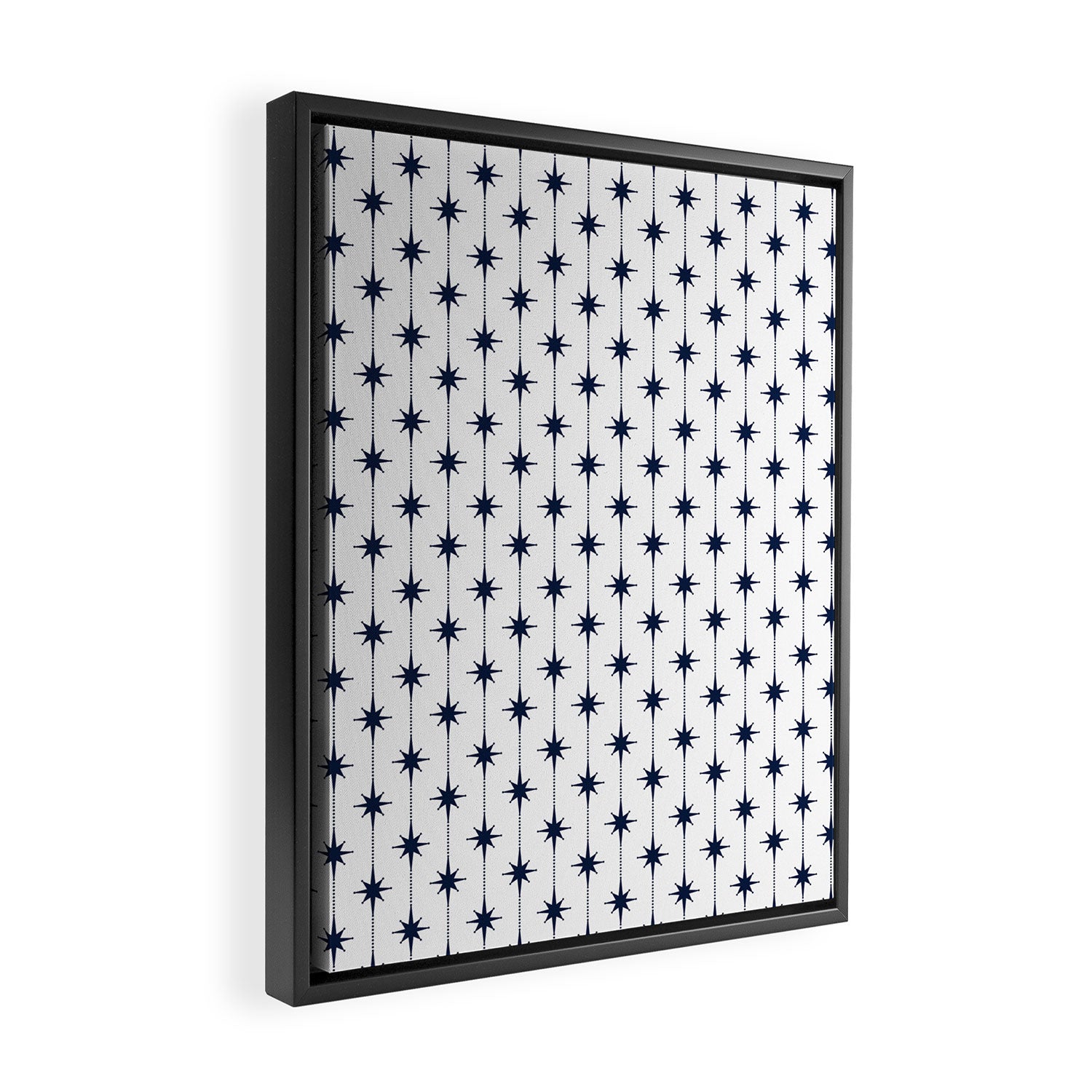 Midcentury Stars and Dots Nautical Navy Blue and White Pattern Framed Canvas Print Gallery Image 2