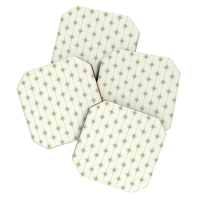 Midcentury Stars and Dots Pattern in Light Sage Green and Cream Coaster Gallery Image 1