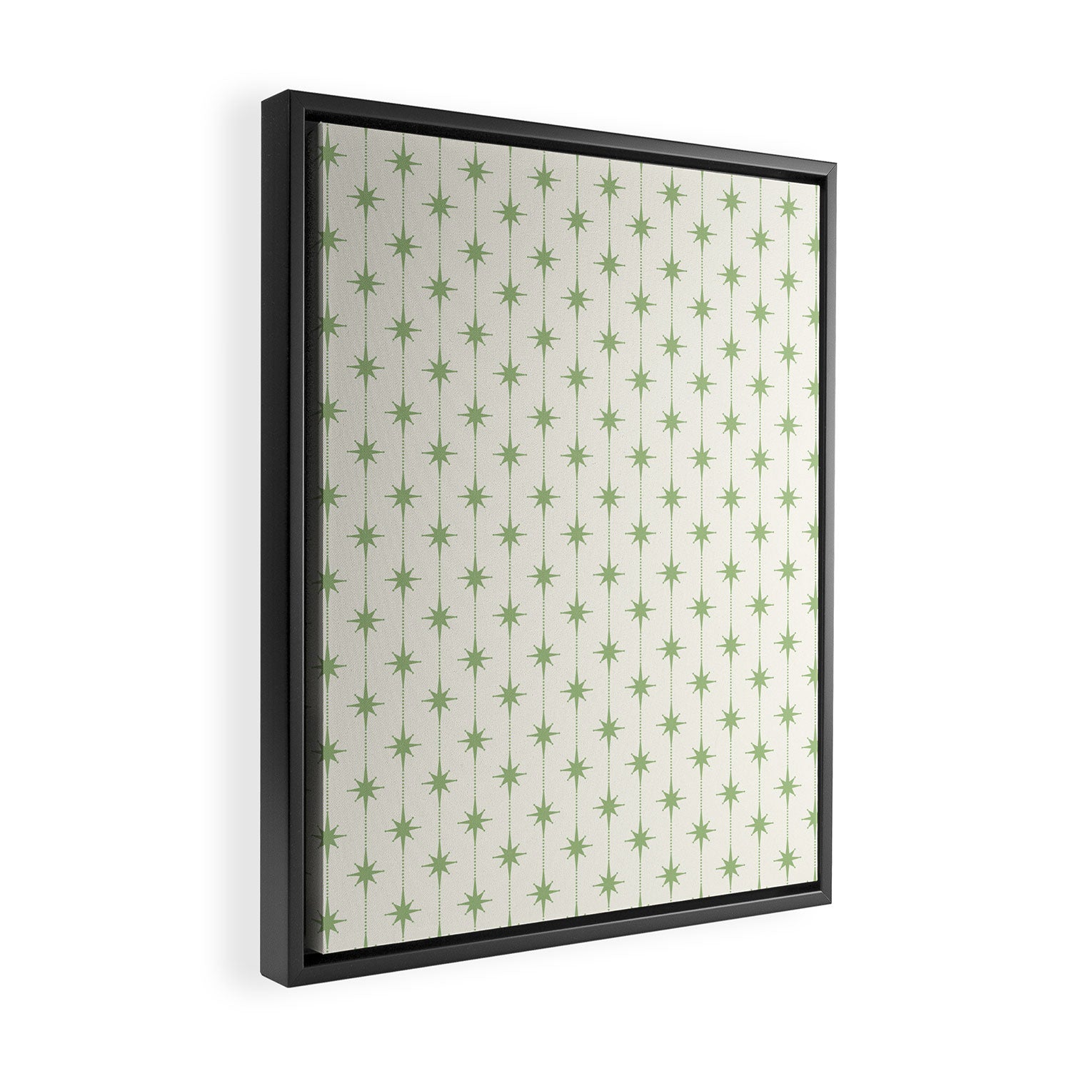 Midcentury Stars and Dots Pattern in Light Sage Green and Cream Framed Canvas Print Gallery Image 2