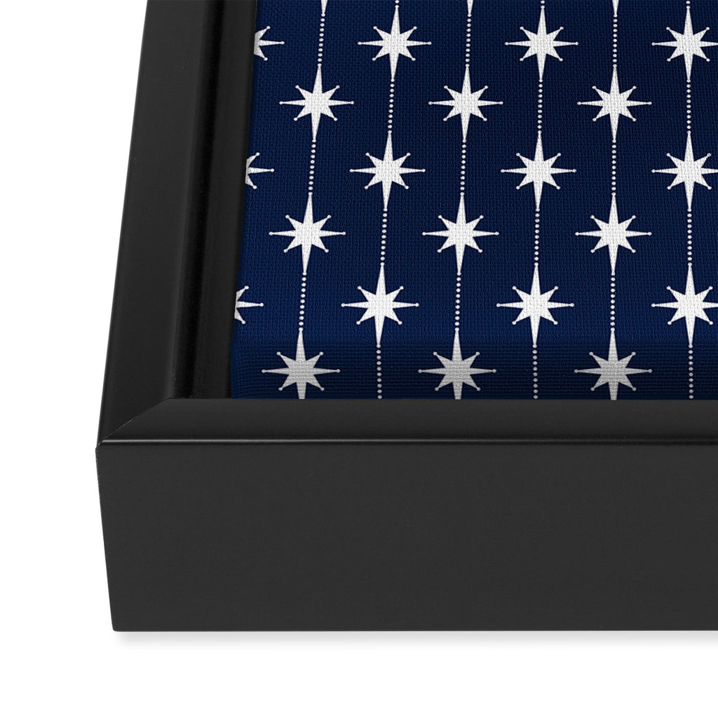 Midcentury Stars and Dots Pattern in Nautical Navy Blue and White Framed Canvas Print Gallery Image 3
