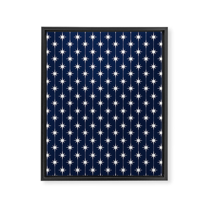 Midcentury Stars and Dots Pattern in Nautical Navy Blue and White Framed Canvas Print Gallery Image 1