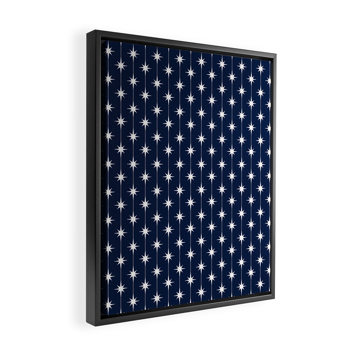 Midcentury Stars and Dots Pattern in Nautical Navy Blue and White Framed Canvas Print Gallery Image 2