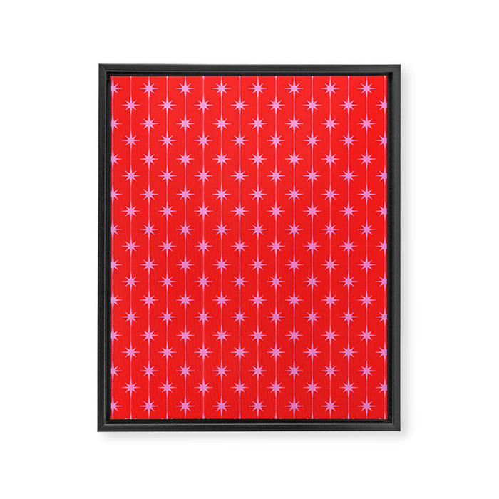 Midcentury Stars and Dots Pattern in Preppy Pink and Red Framed Canvas Print Gallery Image 1