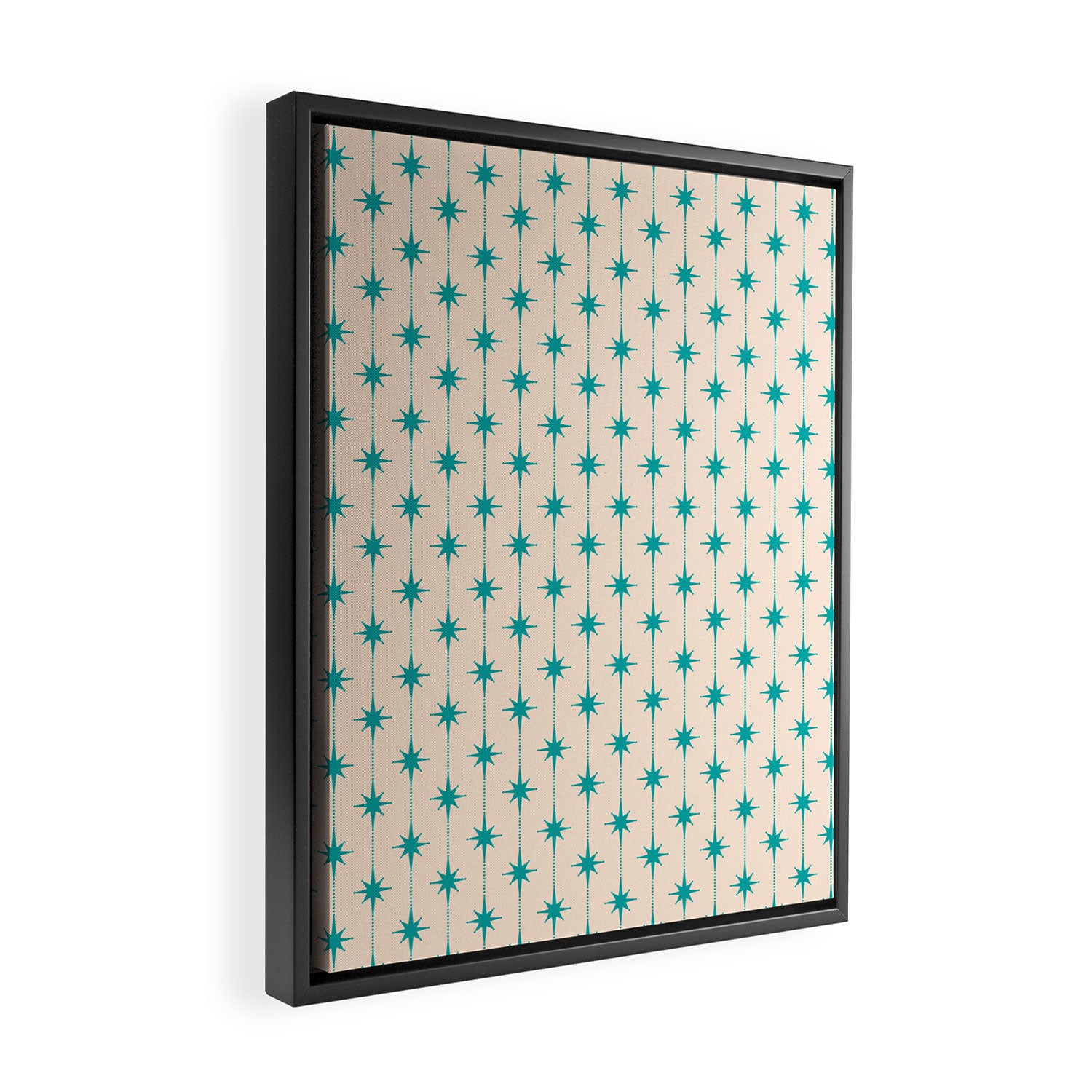 Midcentury Stars and Dots Pattern in Turquoise Teal and Cream Framed Canvas Print Gallery Image 2