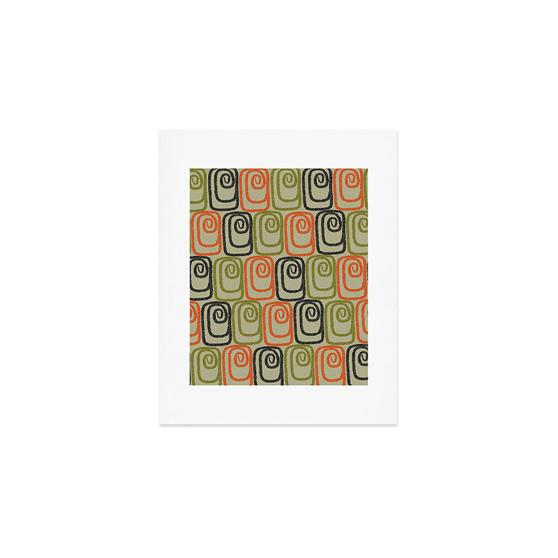 Midcentury Twist Abstract Pattern Olive Green Orange Charcoal  Art Print Gallery Image 1