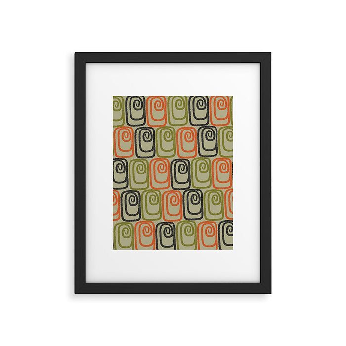 Midcentury Twist Abstract Pattern Olive Green Orange Charcoal  Framed Art Print Gallery Image 1