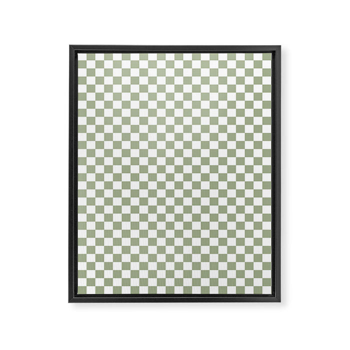 Miniature Check Pattern in Sage Green and White Framed Canvas Print Gallery Image 1