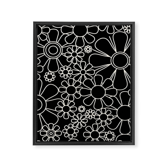 Minimal Retro Garden Flowers Contemporary Modern Black and Cream Pattern Framed Canvas Print Gallery Image 1