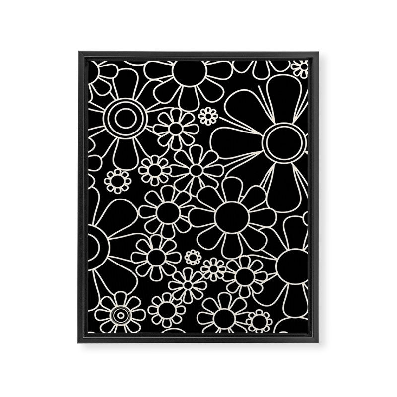 Minimal Retro Garden Flowers Contemporary Modern Black and Cream Pattern Framed Canvas Print Gallery Image 8
