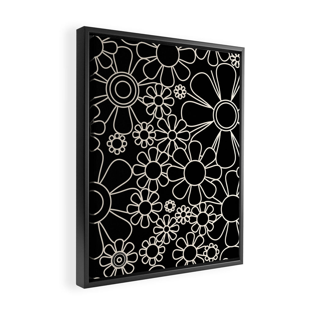 Minimal Retro Garden Flowers Contemporary Modern Black and Cream Pattern Framed Canvas Print Gallery Image 2