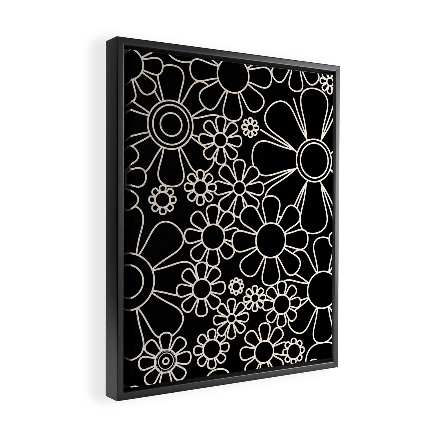 Minimal Retro Garden Flowers Contemporary Modern Black and Cream Pattern Framed Canvas Print Gallery Image 2