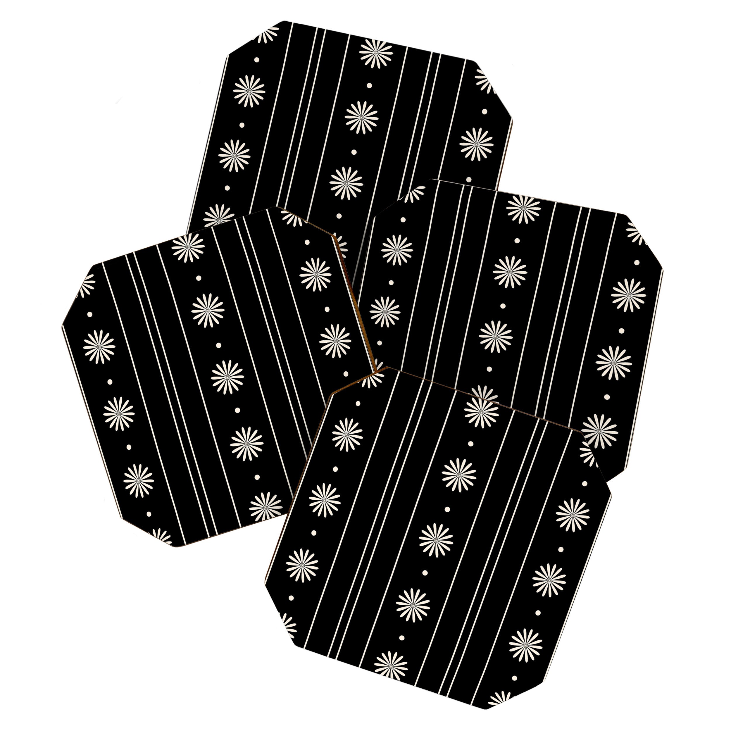 Minimalist Daisy Stripes Geometric Flowers and Stripe Pattern in Black and Almond Cream Coaster Gallery Image 1