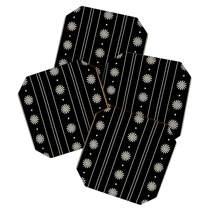 Minimalist Daisy Stripes Geometric Flowers and Stripe Pattern in Black and Almond Cream Coaster Gallery Image 1
