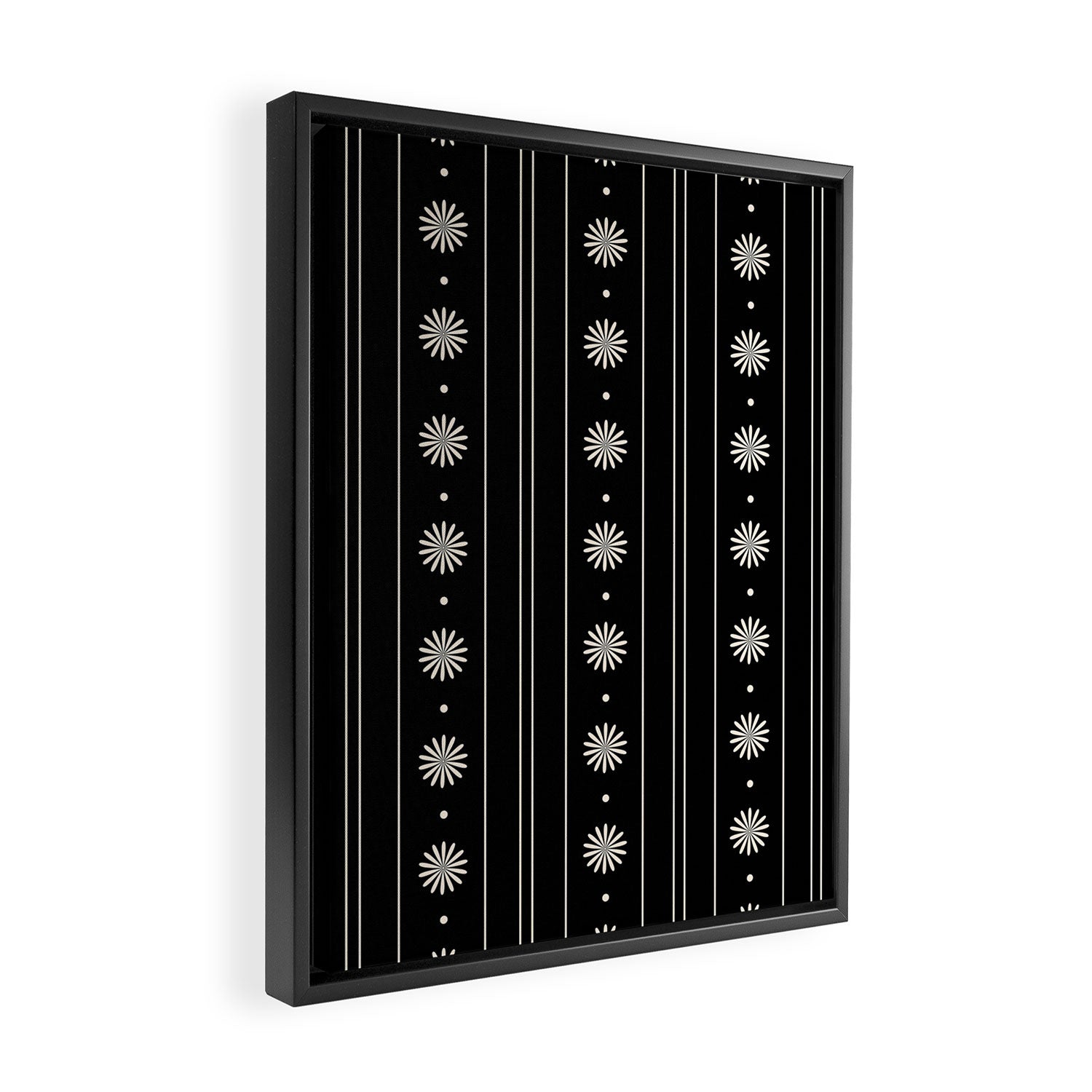 Minimalist Daisy Stripes Geometric Flowers and Stripe Pattern in Black and Almond Cream Framed Canvas Print Gallery Image 2