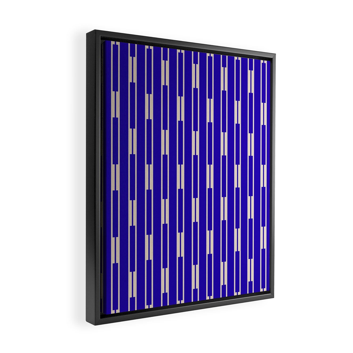 Minimalist Geo Chain Vertical Block Stripe Pattern in Cobalt Blue and Beige Framed Canvas Print Gallery Image 2