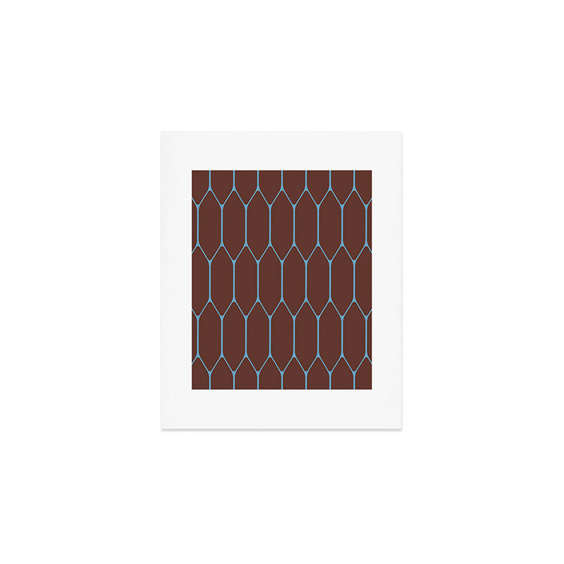 Minimalist Geometric Long Honeycomb Pattern in Dark Brown and Light Blue Art Print Gallery Image 1