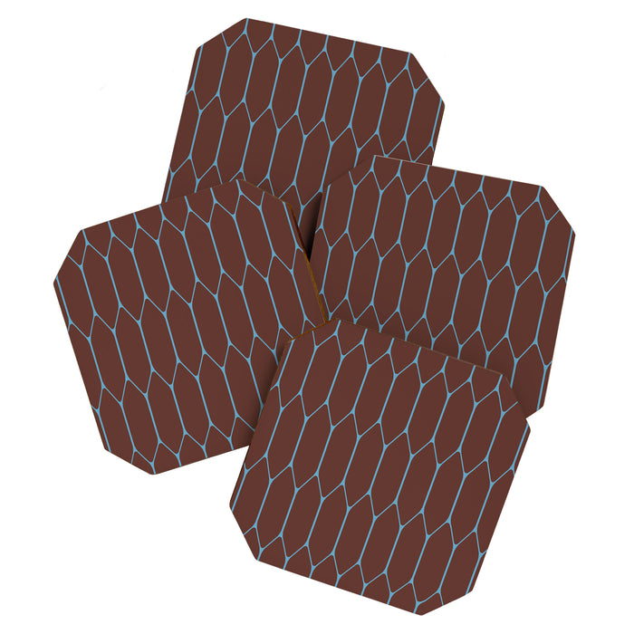 Minimalist Geometric Long Honeycomb Pattern in Dark Brown and Light Blue Coaster Gallery Image 1