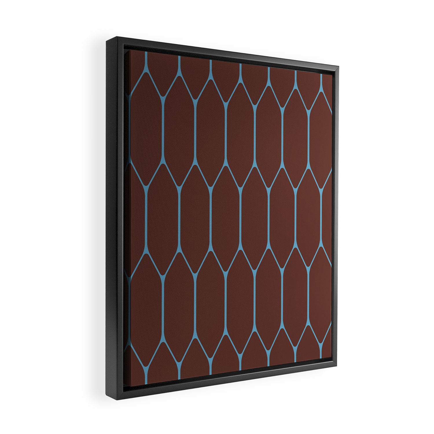 Minimalist Geometric Long Honeycomb Pattern in Dark Brown and Light Blue Framed Canvas Print Gallery Image 2