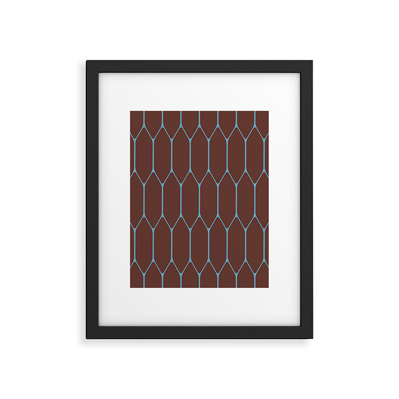Minimalist Geometric Long Honeycomb Pattern in Dark Brown and Light Blue Framed Art Print Gallery Image 6