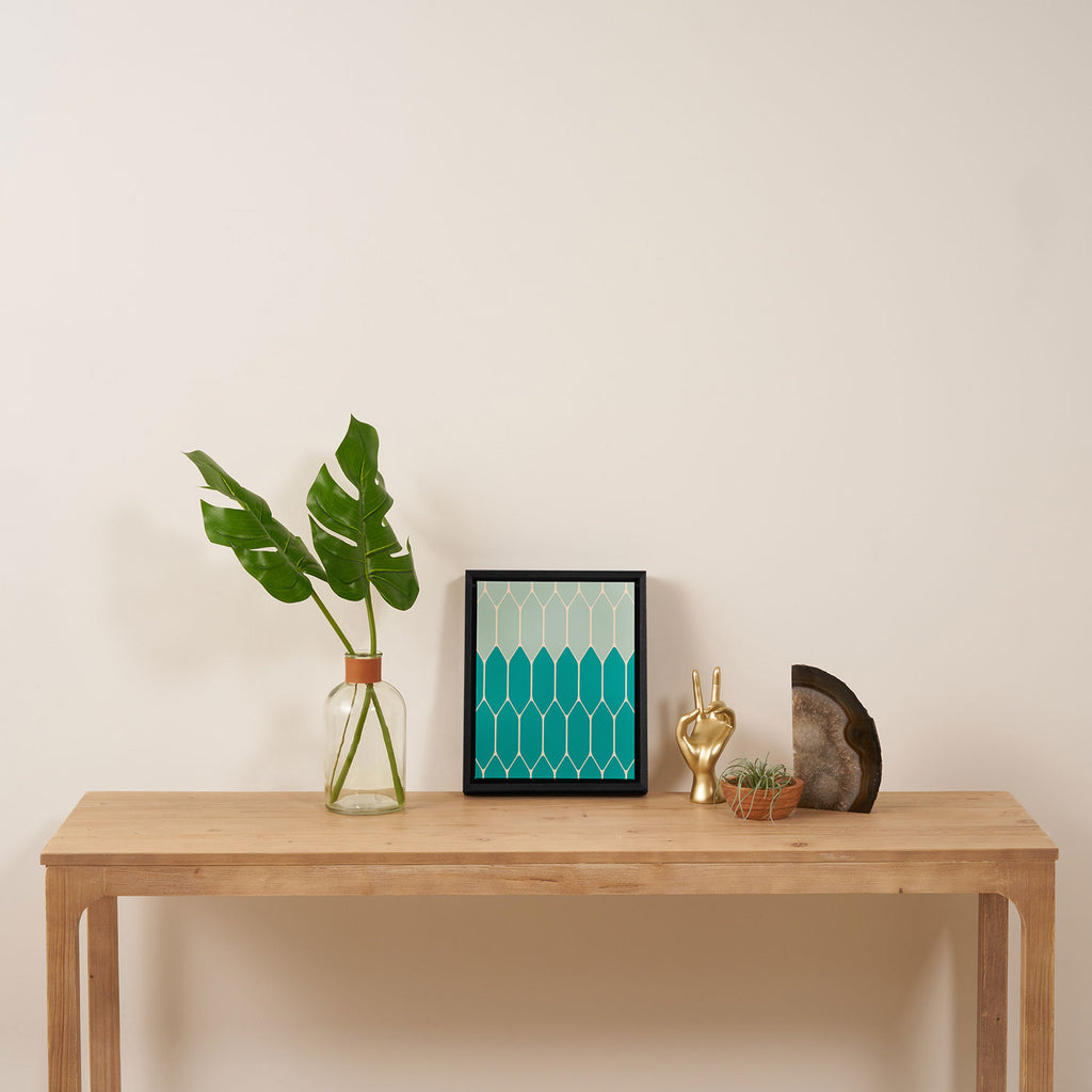 Minimalist Geometric Long Honeycomb Two-Toned Pattern in Turquoise Aqua Teal Framed Canvas Print Gallery Image 4