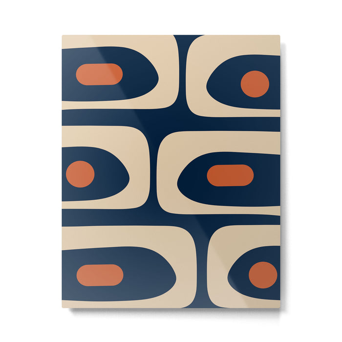 Minimalist Mid Century Modern Retro Piquet Pattern in Mid Mod Navy Blue Spiced Orange Beige Metal Print Gallery Image 1