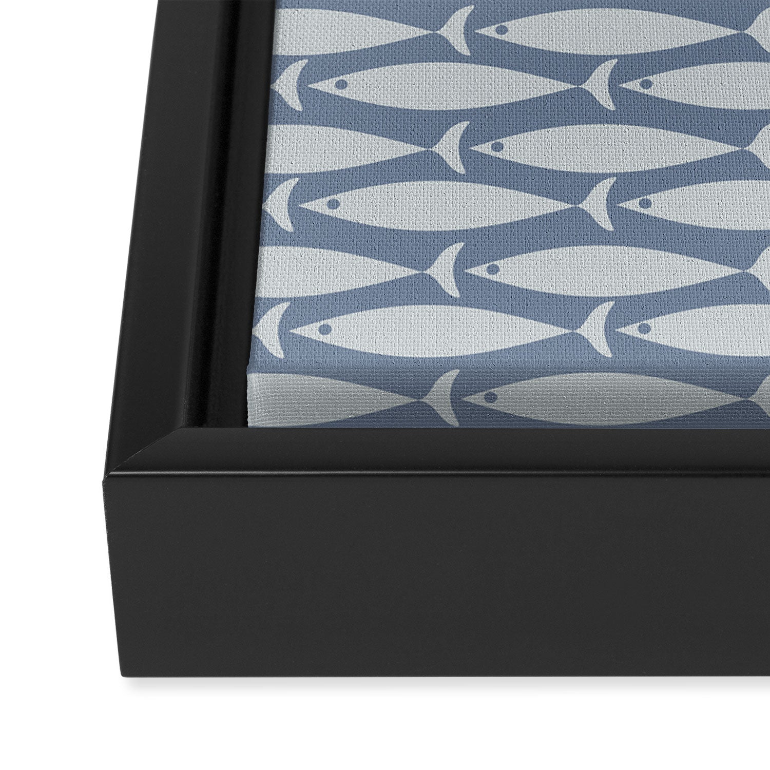 Minimalist Mid Century Modern Scandi Fish Pattern in Slate Blue Framed Canvas Print Gallery Image 3