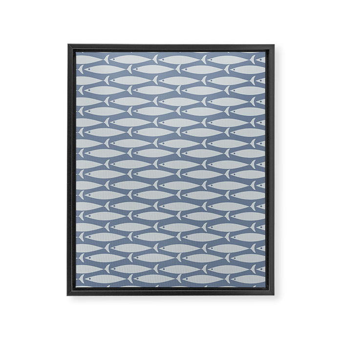 Minimalist Mid Century Modern Scandi Fish Pattern in Slate Blue Framed Canvas Print Gallery Image 1
