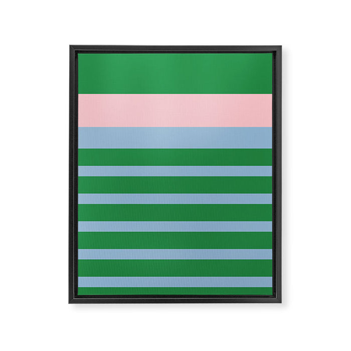 Mixed Stripe Pattern in Green, Pastel Pink, and Baby Blue Framed Canvas Print Gallery Image 1
