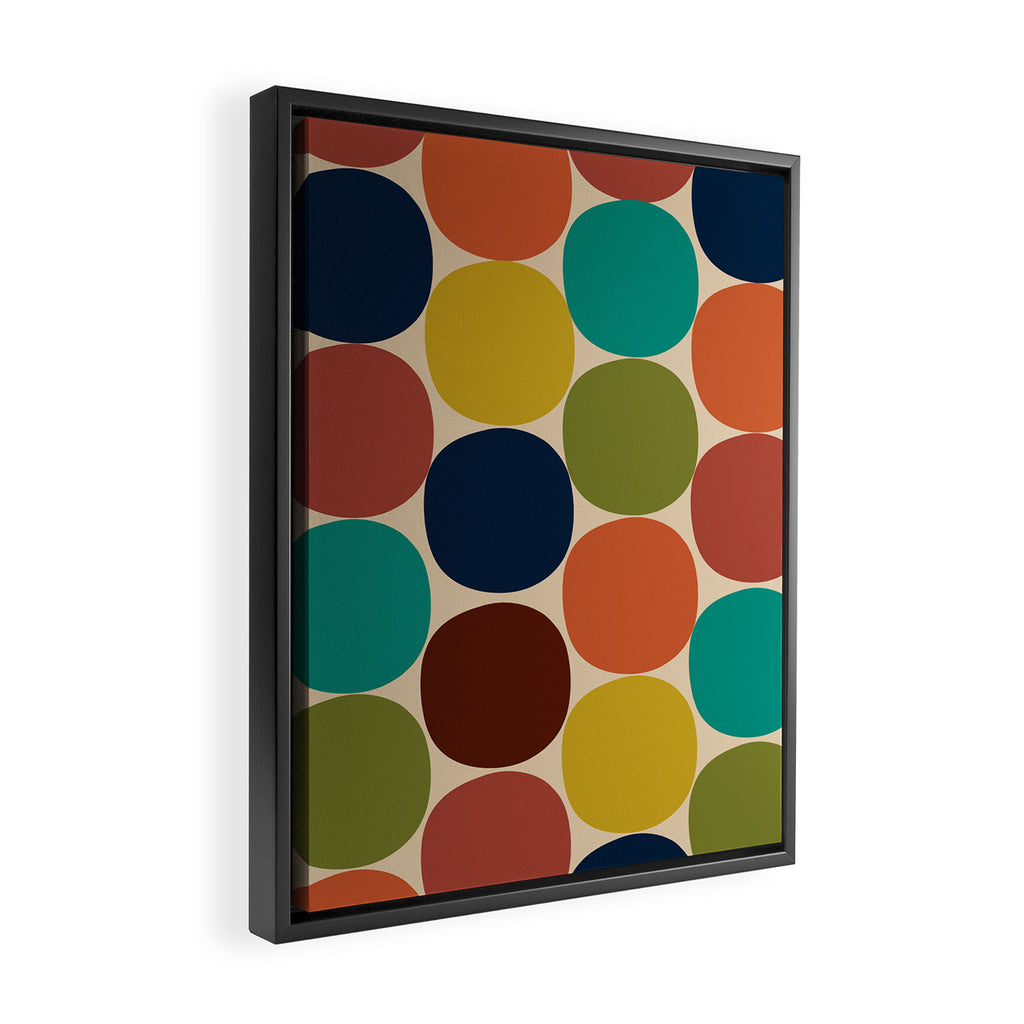 Mod Dots Midcentury Modern Pattern in Mid Mod Turquoise, Orange, Olive, Blue, Mustard, and Beige Framed Canvas Print Gallery Image 2