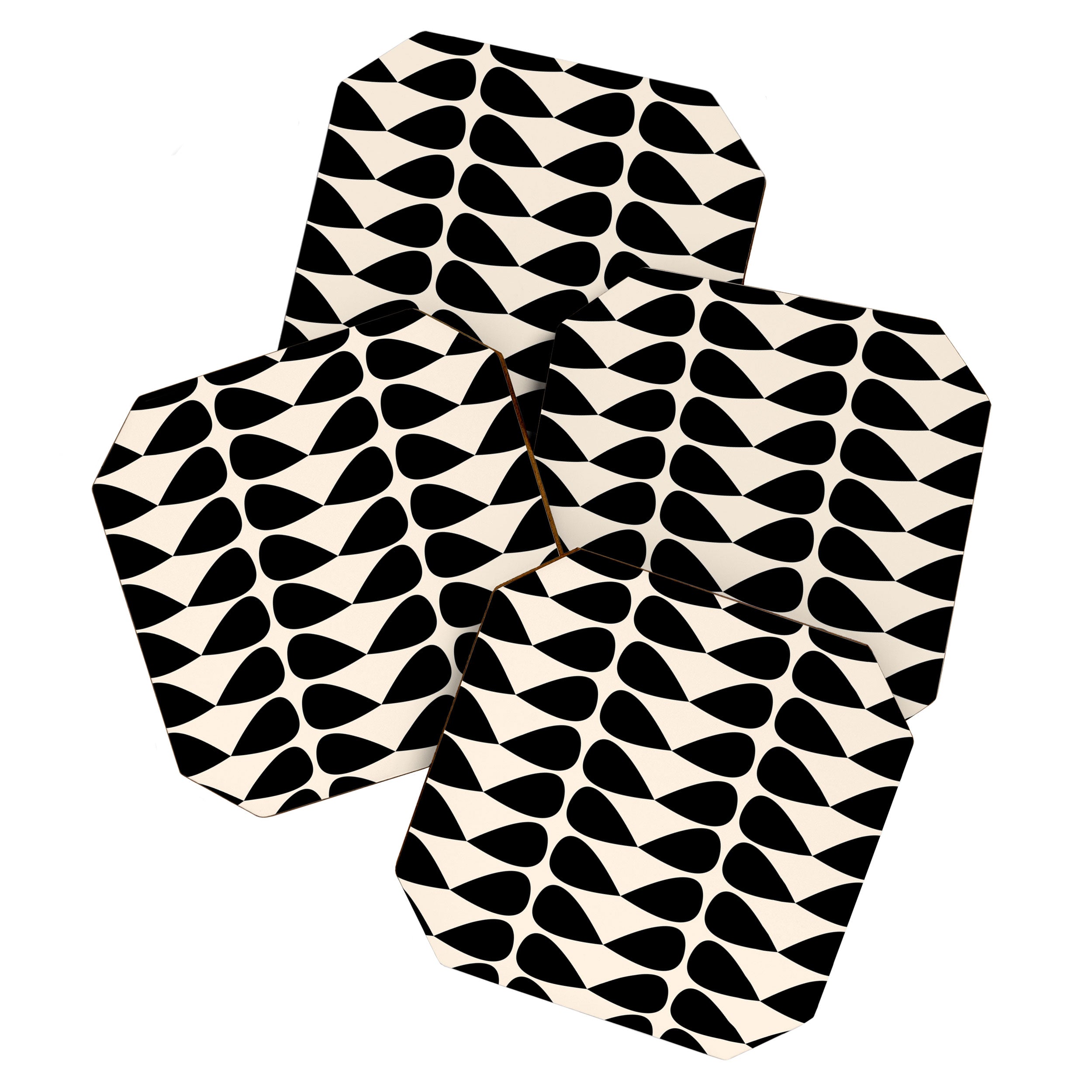 Mod Leaves Mid Century Modern Abstract Pattern in Black and Almond Cream Coaster Gallery Image 1