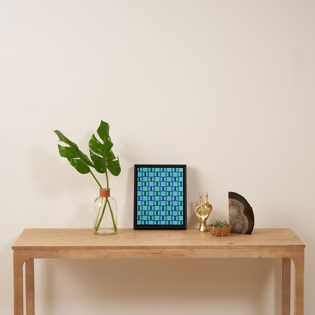 Mod Links Mid Century Modern Geometric Pattern Aqua Blue Framed Canvas Print Gallery Image 4